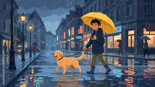 Walking a golden retriever in the rain city streets illustrated scene urban environment cozy viewpoint