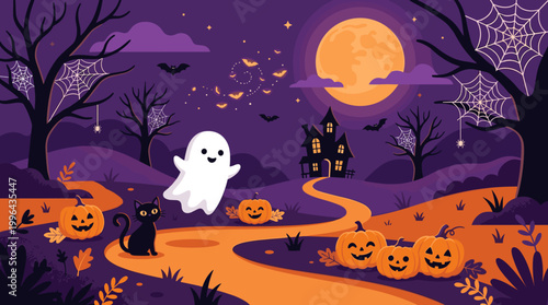 Halloween ghost appears on spooky path haunted house digital art autumn landscape mysterious night vibe