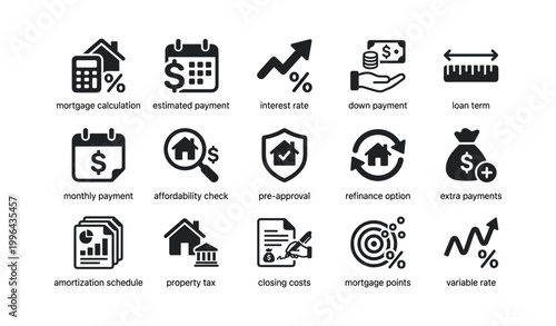 Mortgage and loan icon set arranged in grid on white