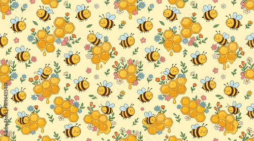 Bees pollinating flowers in a vibrant garden pattern nature illustration cheerful environment whimsical viewpoint