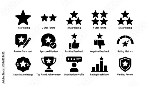 Rating and review icons depicting stars and feedback on white background