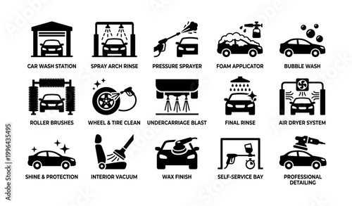 Car wash icons showing services and equipment on white background