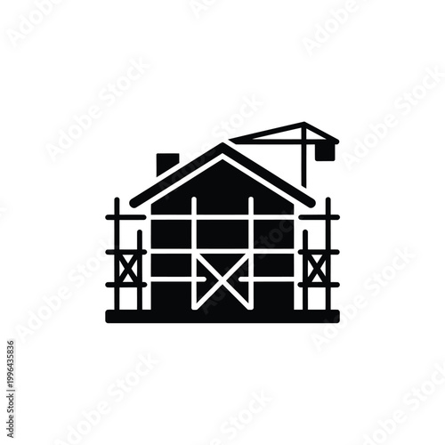 construction site icon with scaffolding and crane silhouette