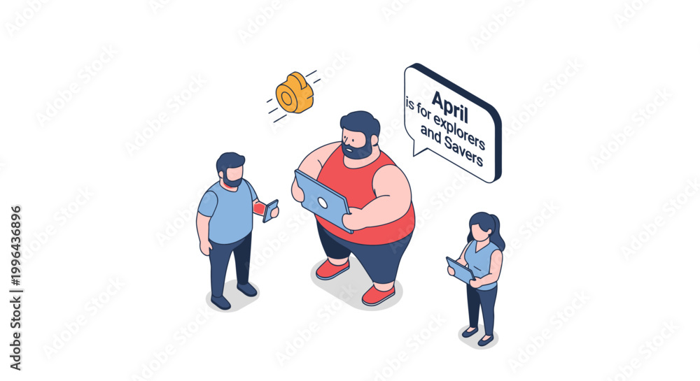 Naklejka premium Isometric illustration of three people with speech bubble and laptop.