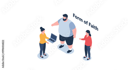Isometric illustration of three people with a laptop and faith concept.