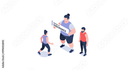 Isometric illustration of three people with a sign about endurance.