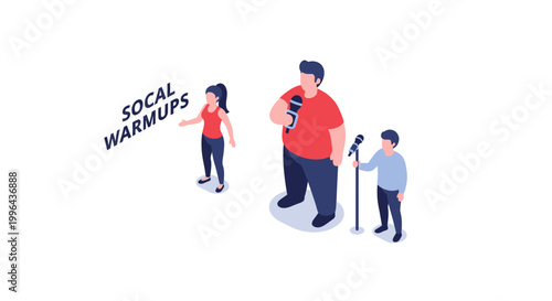 Isometric illustration of three people with microphones and text.