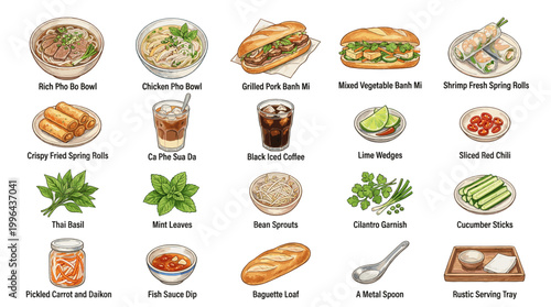 Vietnamese food vector icon set with pho, banh mi, spring rolls, herbs, sauces, rice dishes, lemon grass and traditional restaurant menu items