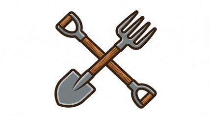 A clean single object clipart of a pitchfork crossed with a shovel forming an emblem