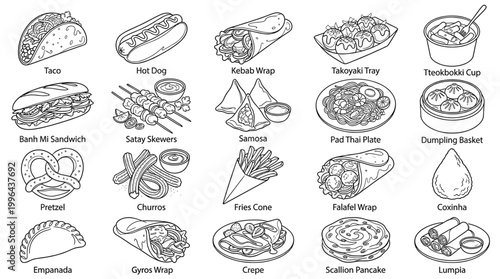 Greek food line art vector set with pita, gyros, salad, souvlaki, olives, moussaka, baklava, hummus, dolma and traditional Mediterranean dishes