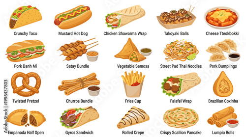 Colorful fast food vector icon set with tacos, burgers, pizza, fries, burritos, hot dogs, onion rings, nachos and popular snack meals