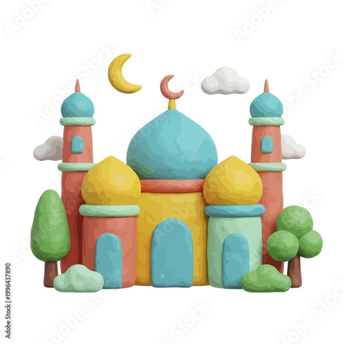 Colorful Mosque with Blue Domes Towers.