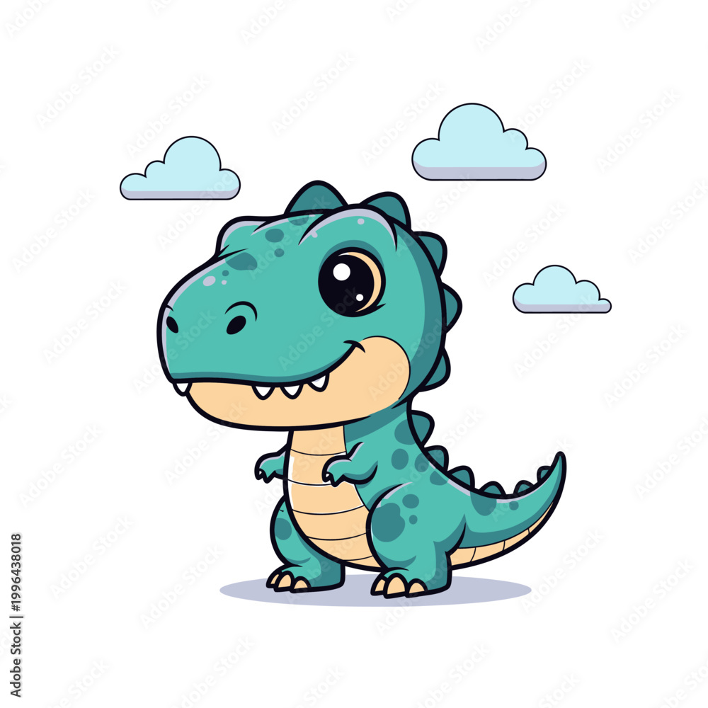 Fototapeta premium Cute Baby Tyrannosaurus Rex Cartoon Illustration, Adorable T-Rex Dinosaur Vector Character for Kids, Friendly Green Baby Dinosaur Isolated on White Background