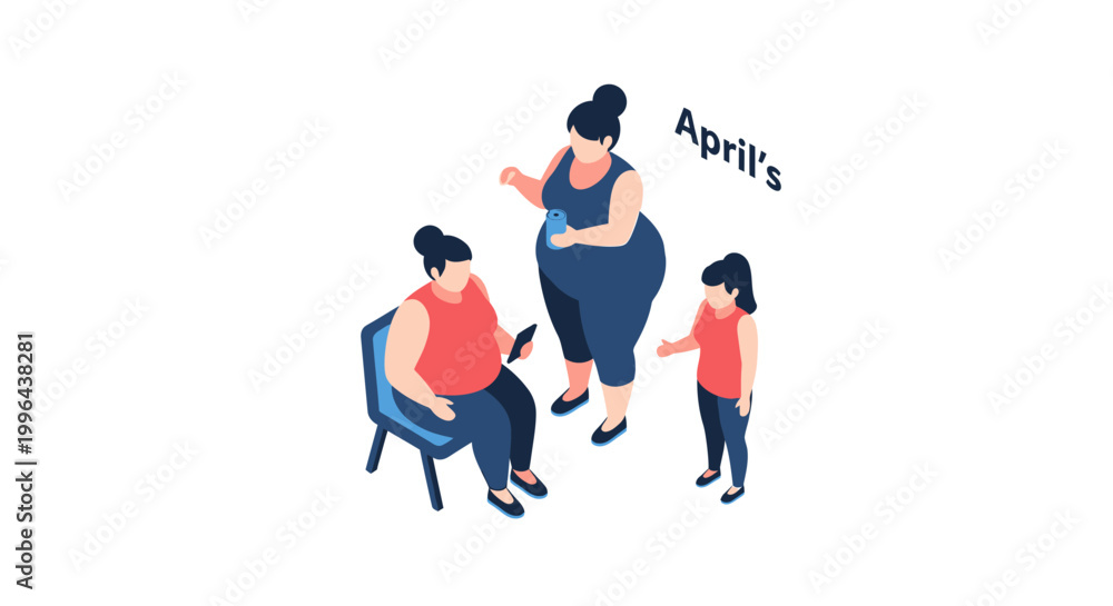 Fototapeta premium Isometric illustration of three women and a child in a family setting.
