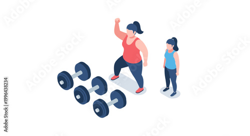 Isometric illustration of woman lifting weights and exercising with child.