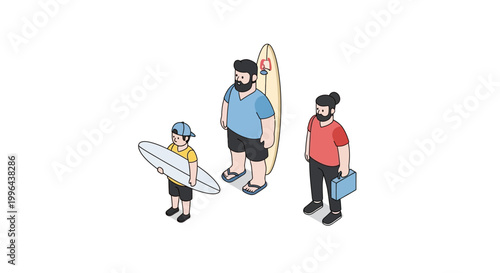 Isometric illustration of three surfers with surfboards ready for the beach.