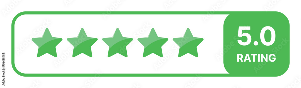 Naklejka premium Five star rating banner in green color showing maximum score 5.0 with glossy stars and modern user feedback design isolated on transparent background for review concept interface element