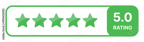 Five star rating banner in green color showing maximum score 5.0 with glossy stars and modern user feedback design isolated on transparent background for review concept interface element