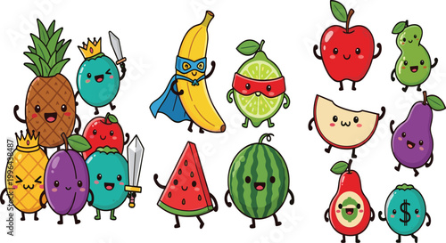 Set of cute kawaii fruit characters including superhero banana and lime plus pineapple kings with swords for fun kids design and sticker illustrations.
