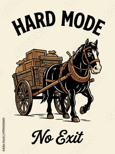 Black horse pulling wooden cart.