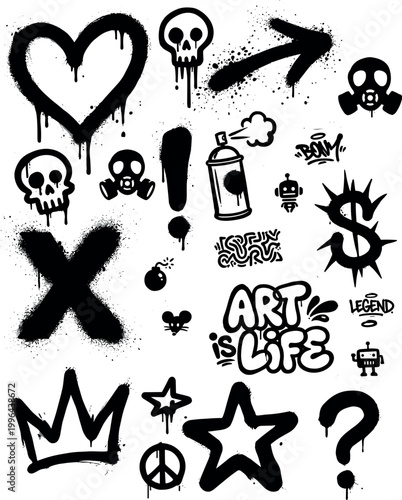 Collection of graffiti spray paint elements, urban street art stencil symbols, black paint drips and splatters, grunge heart star crown and arrow on transparent background