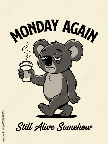 Koala holding coffee cup sleepy.