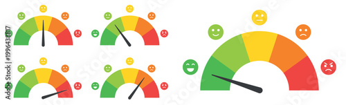 Customer satisfaction gauge with emoji faces from happy to angry and needle indicator showing rating level isolated on transparent background, feedback concept service quality measurement and review