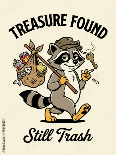 Raccoon with hat and bag.