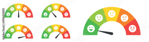 Set of satisfaction meters with emoticon faces from happy to angry showing customer feedback levels and rating indicators in different positions isolated on transparent background