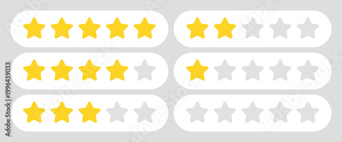 Set star rating icons five to zero scale user review feedback concept yellow stars gray placeholders isolated transparent background clean interface elements for apps websites ui ux design systems