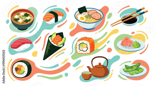 A vibrant and colorful illustration showcasing a variety of delicious Japanese food items, including sushi, ramen, and tea.