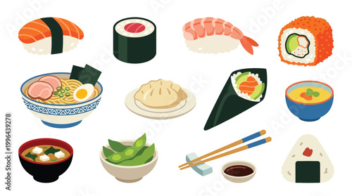 A vibrant collection of delicious Japanese food items, including sushi, ramen, and edamame, artfully arranged.