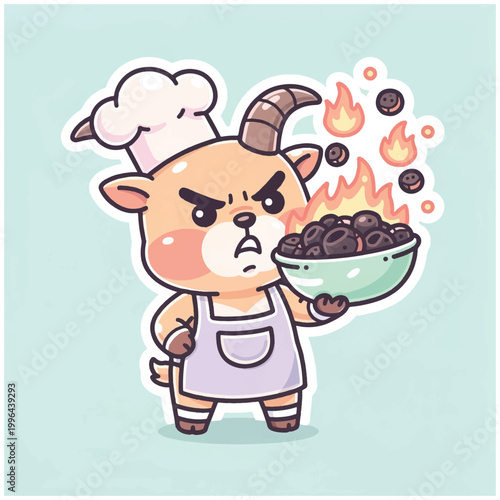 Angry cartoon goat chef holding a bowl of burning blueberries.