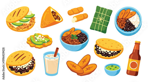 A vibrant illustration showcasing a diverse collection of delicious Latin American dishes and beverages, including arepas, empanadas, and plantains.