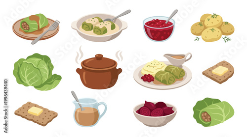 A vibrant collection of traditional Eastern European dishes, featuring stuffed cabbage rolls, potatoes, and cranberry sauce, presented in a charming illustration.