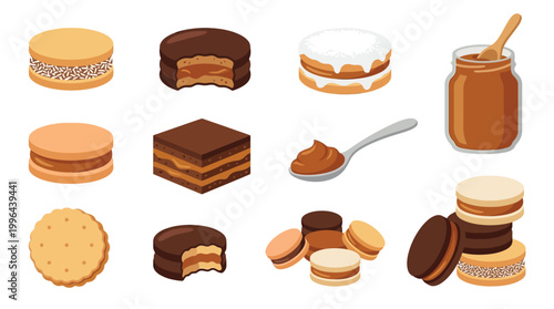 A collection of delicious alfajores and dulce de leche treats, showcasing various types of cookies, cakes, and spreads.