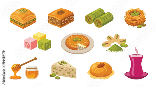 A vibrant collection of traditional Turkish desserts and sweets, including baklava, Turkish delight, and pistachio-filled pastries, alongside a cup of tea and honey.