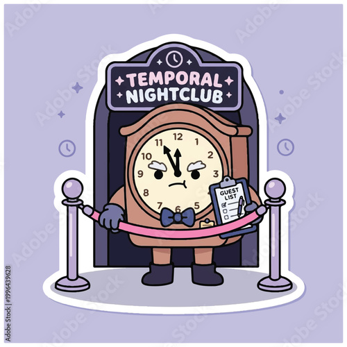 Cartoon Clock Character Guarding Temporal Nightclub Entrance with Guest List.