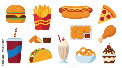 A vibrant collection of popular fast food items, including a burger, fries, hot dog, pizza, chicken nuggets, and a soda.