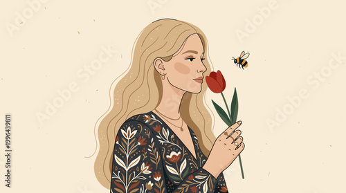 Captivating woman smelling red tulip with bee floral scene digital art tranquil background portrait view