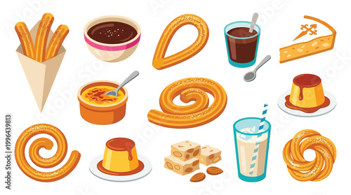 A vibrant collection of Spanish desserts and treats, including churros, flan, crema catalana, and a slice of cheesecake, presented in a playful, illustrative style.