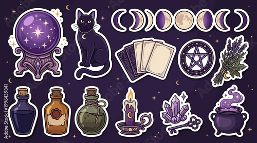 Mystical gathering of witchcraft symbols enchanted forest digital art magical vibes close-up fantasy aesthetics