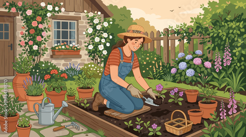 Gardening action a woman tending to plants in her flower garden outdoor home environment vibrant spring view