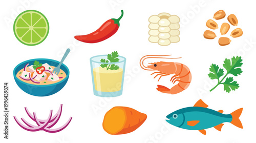 A vibrant collection of fresh ingredients and a prepared dish, showcasing the components of a delicious ceviche meal.