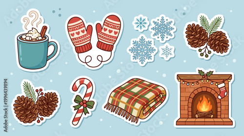 Cozy winter warmth hot chocolate mittens and holiday decor in a festive home setting