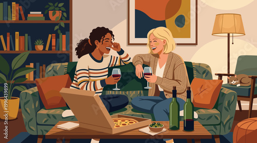 Friends enjoying pizza and wine at home cozy living room setting relaxed atmosphere laughter and bonding