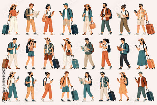 Travelers and Tourists Pack. Flat People SVG Vector Set with Isolated Modern Human Characters, Full Body Lifestyle Figures, Business, Casual and Everyday Adults, travelers and tourists