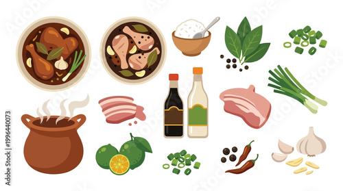 A vibrant illustration showcasing the essential ingredients and dishes of Filipino Adobo, including chicken, pork, garlic, soy sauce, vinegar, and spices.
