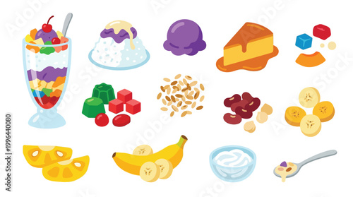 A vibrant collection of colorful Filipino desserts and ingredients, including halo-halo, leche flan, ube ice cream, and various sweet toppings.