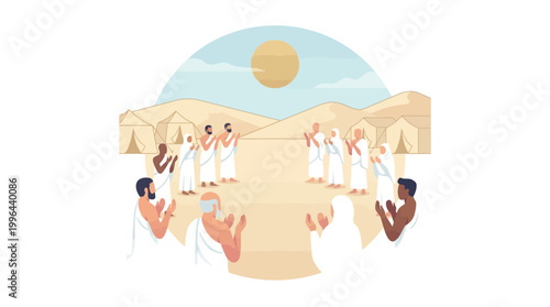 Illustration of muslim community gathering for Arafah day prayer on Mount Arafat during Hajj pilgrimage with islamic holiday design elements.